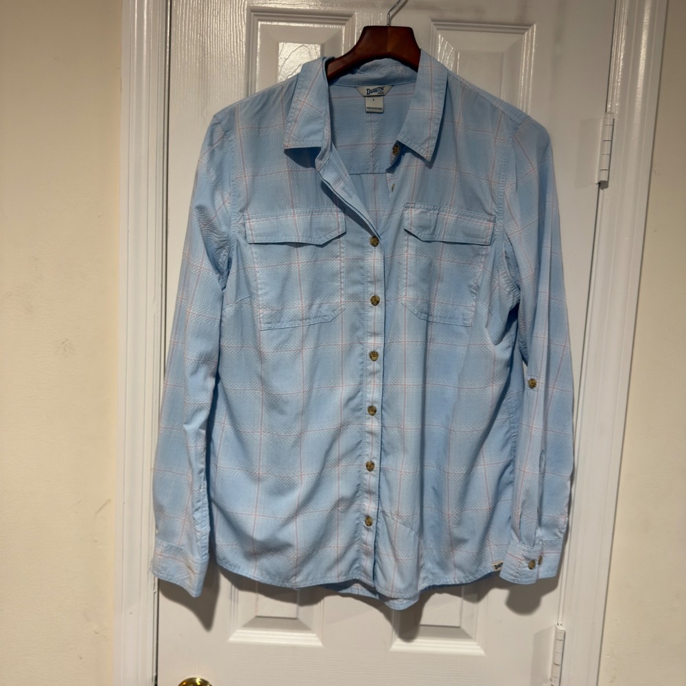 Duluth Trading Co Light Blue Plaid Button Up‎ Shirt Size L